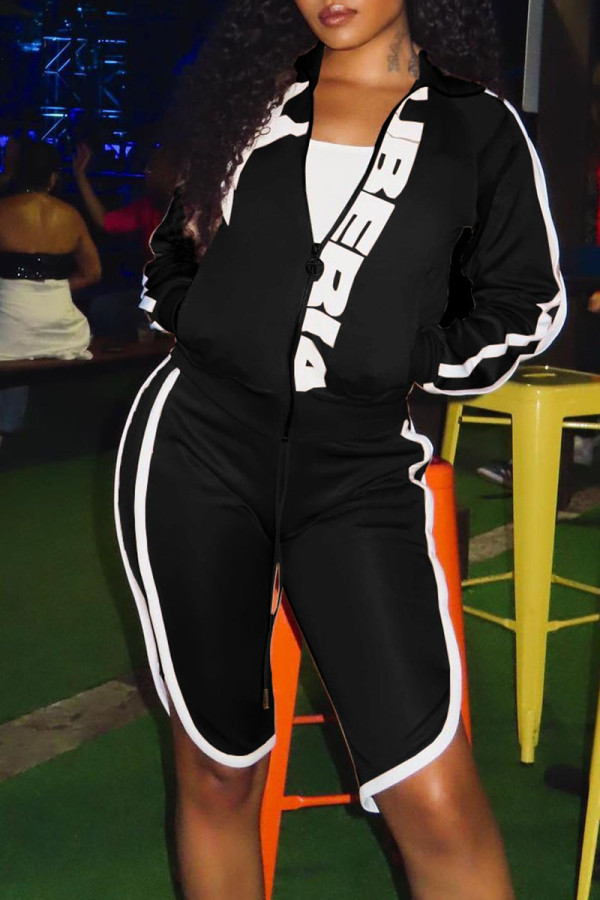 Black Casual Sportswear Print Patchwork Zipper Collar Long Sleeve Two Pieces