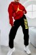 Red Street Print Letter Hooded Collar Long Sleeve Two Pieces