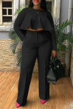Red Street Solid Flounce O Neck Long Sleeve Two Pieces