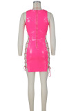 Orange Sexy Solid Bandage Hollowed Out Patchwork Asymmetrical Asymmetrical Collar Pencil Skirt Dresses