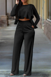 Red Street Solid Flounce O Neck Long Sleeve Two Pieces