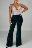 Ink Green Casual Solid Patchwork Regular High Waist Trousers