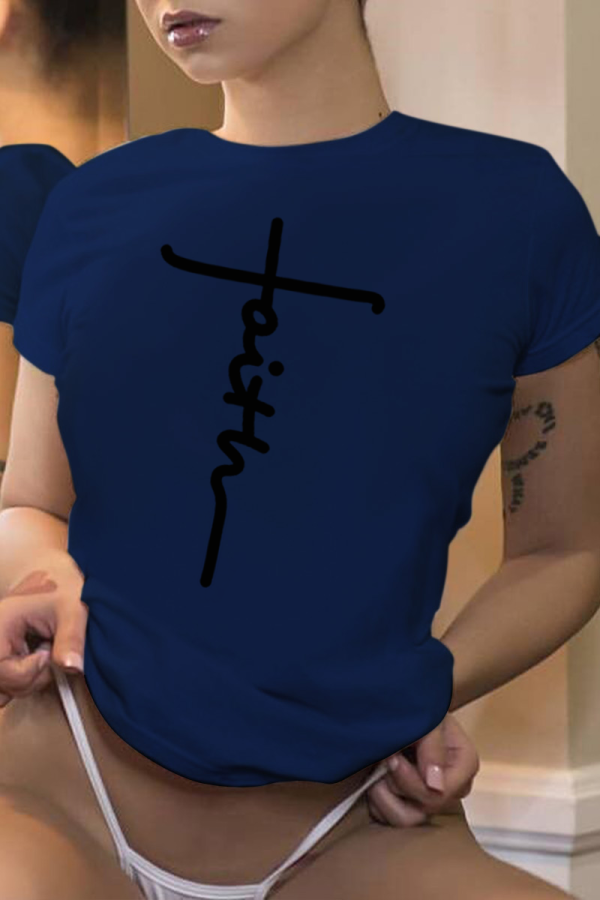Navy Blue Casual Street Print Patchwork O Neck T-Shirts