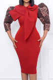 Burgundy Elegant Print Patchwork With Bow O Neck One Step Skirt Dresses