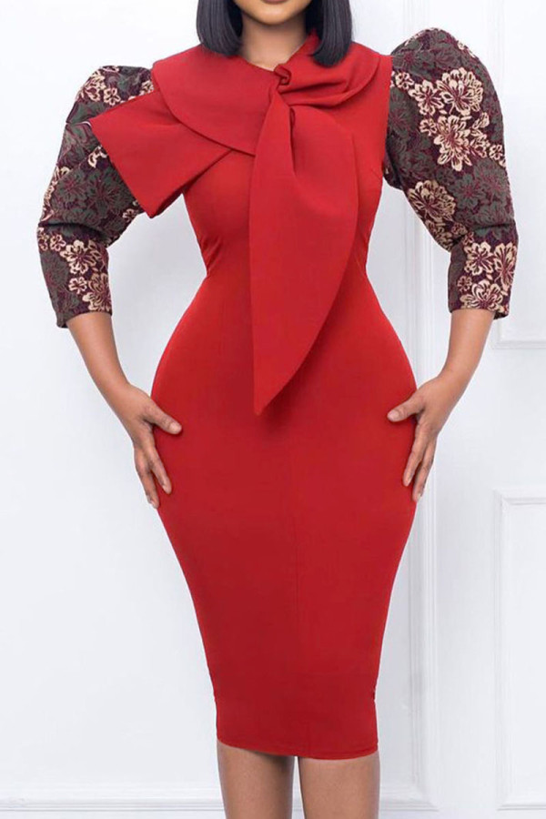 Burgundy Elegant Print Patchwork With Bow O Neck One Step Skirt Dresses