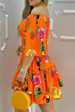Orange Casual Print Patchwork Off the Shoulder Cake Skirt Dresses