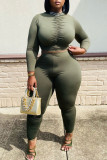 Army Green Sexy Solid Patchwork Fold O Neck Long Sleeve Two Pieces