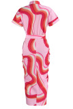 Pink Fashion Casual Print Bandage Patchwork Buckle Turndown Collar Shirt Dress Dresses