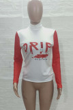Red Casual Print Patchwork Turtleneck Tops