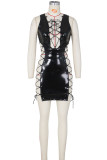 Orange Sexy Solid Bandage Hollowed Out Patchwork Asymmetrical Asymmetrical Collar Pencil Skirt Dresses