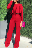 Red Street Solid Flounce O Neck Long Sleeve Two Pieces