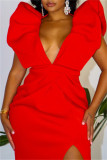 Red Sexy Formal Solid Patchwork Slit V Neck One Step Skirt Dresses