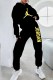 Black Street Print Letter Hooded Collar Long Sleeve Two Pieces