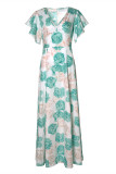 Blue Casual Print Patchwork V Neck Short Sleeve Dress