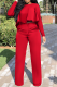 Red Street Solid Flounce O Neck Long Sleeve Two Pieces