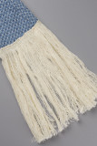 Light Blue Sexy Solid Tassel Patchwork Buttons Asymmetrical V Neck Long Sleeve Two Pieces(Contain The Scarf)