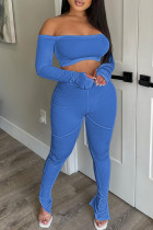 Blue Sexy Casual Solid Backless Off the Shoulder Long Sleeve Two Pieces