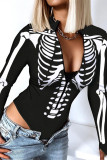 Black Casual Print Patchwork Zipper Collar Skinny Romper