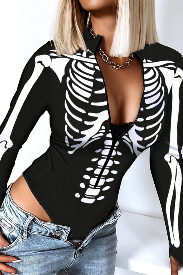 Black Casual Print Patchwork Zipper Collar Skinny Romper