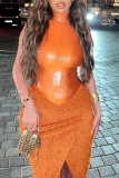 Orange Sexy Solid Tassel Half A Turtleneck Sleeveless Two Pieces
