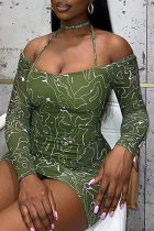 Green Sexy Print Patchwork Halter Pencil Skirt Dresses