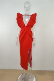 Red Sexy Formal Solid Patchwork Slit V Neck One Step Skirt Dresses