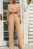 Red Street Solid Flounce O Neck Long Sleeve Two Pieces