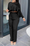 Red Street Solid Flounce O Neck Long Sleeve Two Pieces
