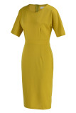 Yellow Casual Elegant Solid Patchwork Slit O Neck One Step Skirt Dresses