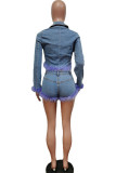 Sky Blue Sexy Solid Patchwork Feathers Turn-back Collar Long Sleeve Two Pieces