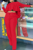 Red Street Solid Flounce O Neck Long Sleeve Two Pieces