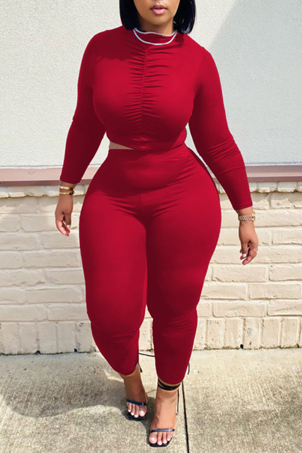 Red Sexy Solid Patchwork Fold O Neck Long Sleeve Two Pieces