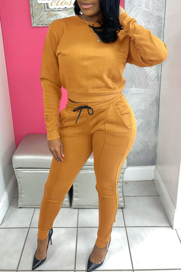 Brown Casual Solid Patchwork O Neck Long Sleeve Two Pieces
