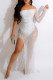 White Sexy Patchwork Hot Drilling See-through Backless Slit Off the Shoulder Long Sleeve Dresses