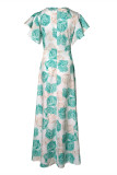 Blue Casual Print Patchwork V Neck Short Sleeve Dress