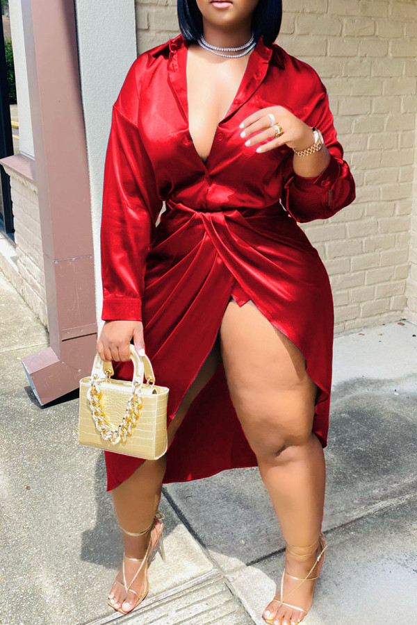 Red Casual Solid Patchwork Slit Asymmetrical Turndown Collar Shirt Dress Dresses