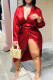 Red Casual Solid Patchwork Slit Asymmetrical Turndown Collar Shirt Dress Dresses