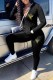 Black Street Print Patchwork Zipper Collar Long Sleeve Two Pieces