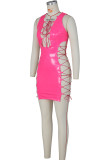 Orange Sexy Solid Bandage Hollowed Out Patchwork Asymmetrical Asymmetrical Collar Pencil Skirt Dresses