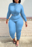 Light Blue Sexy Solid Patchwork Fold O Neck Long Sleeve Two Pieces