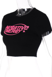 Black Street Print Patchwork O Neck T-Shirts