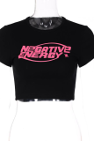 Black Street Print Patchwork O Neck T-Shirts