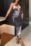 Black Sexy Print Hollowed Out One Shoulder Pencil Skirt Dresses