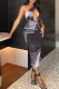 Black Sexy Print Hollowed Out One Shoulder Pencil Skirt Dresses