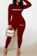 Burgundy Street Print Letter O Neck Long Sleeve Two Pieces