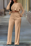 Red Street Solid Flounce O Neck Long Sleeve Two Pieces