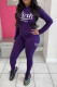 Purple Casual Print Patchwork Hooded Collar Long Sleeve Two Pieces