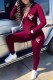 Burgundy Street Print Patchwork Zipper Collar Long Sleeve Two Pieces