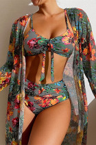Grey Sexy Print  Long Sleeve Swimsuit Three Piece Set