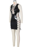 Orange Sexy Solid Bandage Hollowed Out Patchwork Asymmetrical Asymmetrical Collar Pencil Skirt Dresses